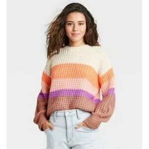 Universal Thread Striped Knit Sweater M Crewneck Pullover Orange Purpke Winter